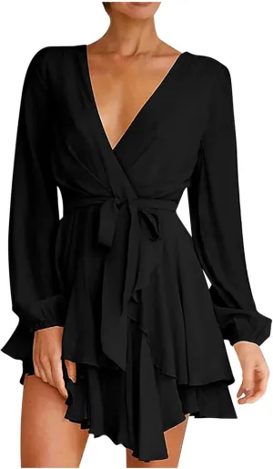 tuduoms Summer Wrap Peplum Dress for Women V Neck Long Sleeve Irregular Dress Waist Tie Ruffle Mini Flowy Skater Dresses