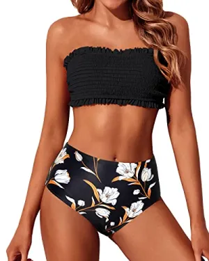 Two Piece Smocked Women's Bandeau Bikini Set High Waisted Bottoms-Black Floral