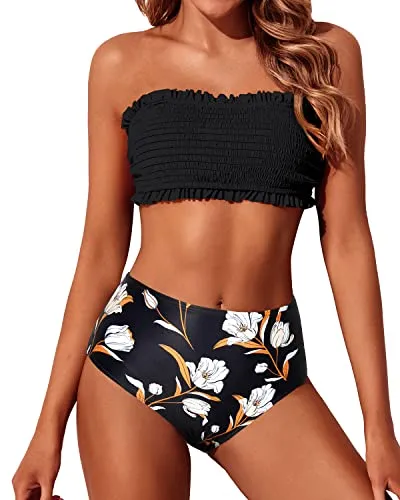 Two Piece Smocked Women's Bandeau Bikini Set High Waisted Bottoms-Black Floral
