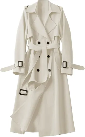 uhnmki Women Trench Coat Long Loose Jacket Faux PU Leather Oversize Classic Lapel Overcoat with Belt