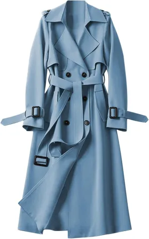uhnmki Women Trench Coat Long Loose Jacket Faux PU Leather Oversize Classic Lapel Overcoat with Belt
