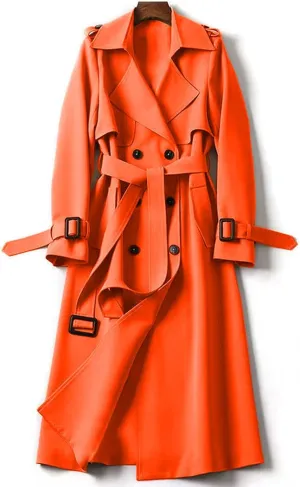 uhnmki Women Trench Coat Long Loose Jacket Faux PU Leather Oversize Classic Lapel Overcoat with Belt
