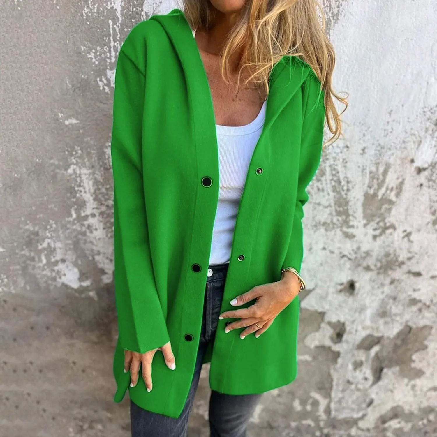 uhnmki Womens Jackets Casual Single Breasted Hooded Jacket Lapel Neck Long Sleeve Solid Color Trench Coat for Women 2024