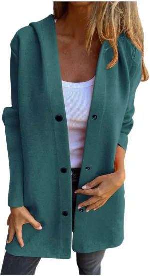 uhnmki Womens Jackets Casual Single Breasted Hooded Jacket Lapel Neck Long Sleeve Solid Color Trench Coat for Women 2024