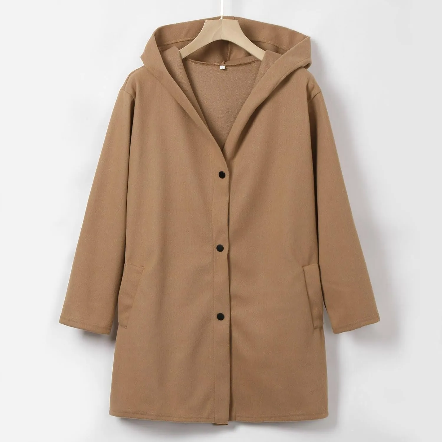 uhnmki Womens Jackets Casual Single Breasted Hooded Jacket Lapel Neck Long Sleeve Solid Color Trench Coat for Women 2024