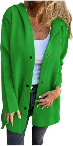 uhnmki Womens Jackets Casual Single Breasted Hooded Jacket Lapel Neck Long Sleeve Solid Color Trench Coat for Women 2024