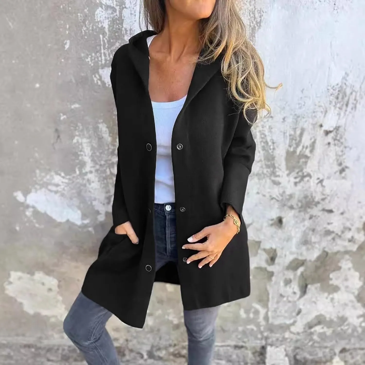uhnmki Womens Jackets Casual Single Breasted Hooded Jacket Lapel Neck Long Sleeve Solid Color Trench Coat for Women 2024
