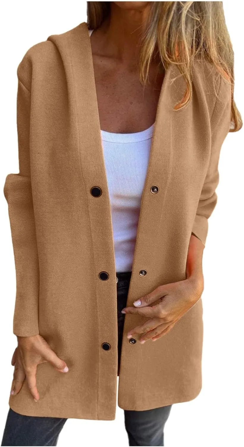 uhnmki Womens Jackets Casual Single Breasted Hooded Jacket Lapel Neck Long Sleeve Solid Color Trench Coat for Women 2024