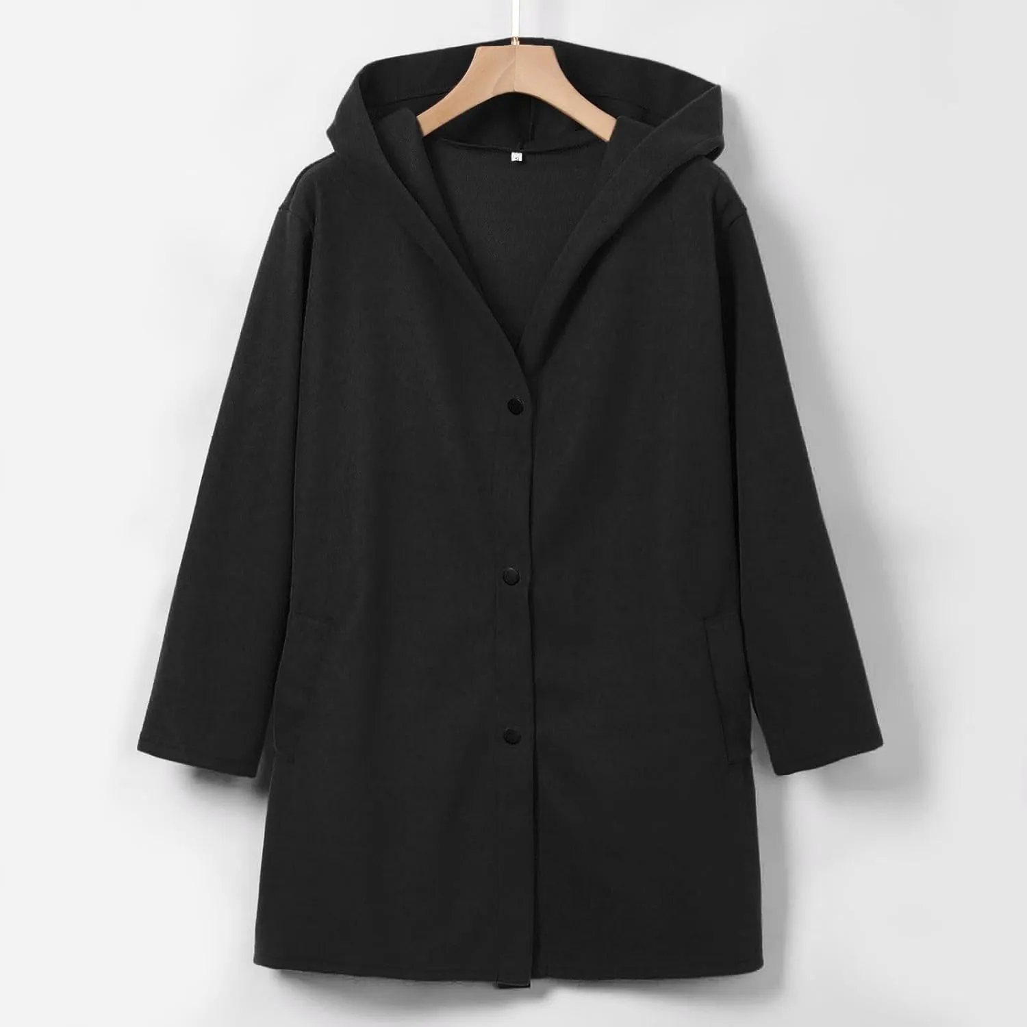 uhnmki Womens Jackets Casual Single Breasted Hooded Jacket Lapel Neck Long Sleeve Solid Color Trench Coat for Women 2024