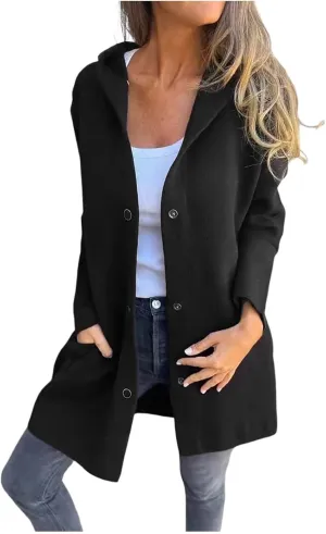 uhnmki Womens Jackets Casual Single Breasted Hooded Jacket Lapel Neck Long Sleeve Solid Color Trench Coat for Women 2024