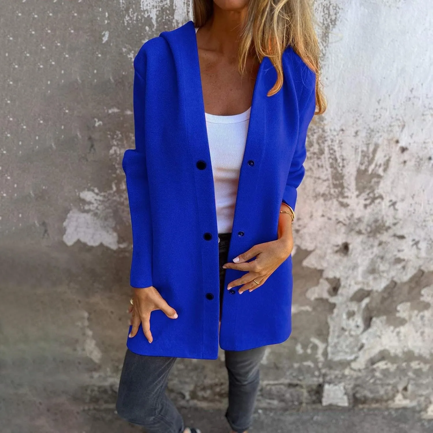uhnmki Womens Jackets Casual Single Breasted Hooded Jacket Lapel Neck Long Sleeve Solid Color Trench Coat for Women 2024