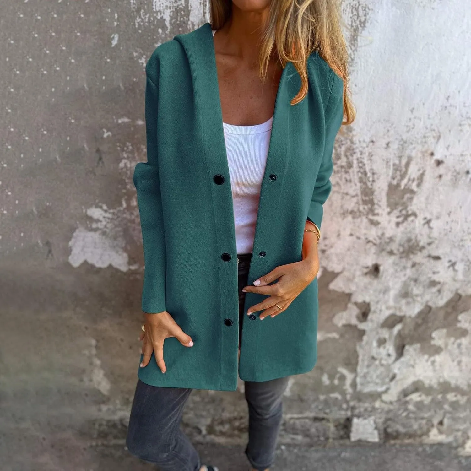 uhnmki Womens Jackets Casual Single Breasted Hooded Jacket Lapel Neck Long Sleeve Solid Color Trench Coat for Women 2024