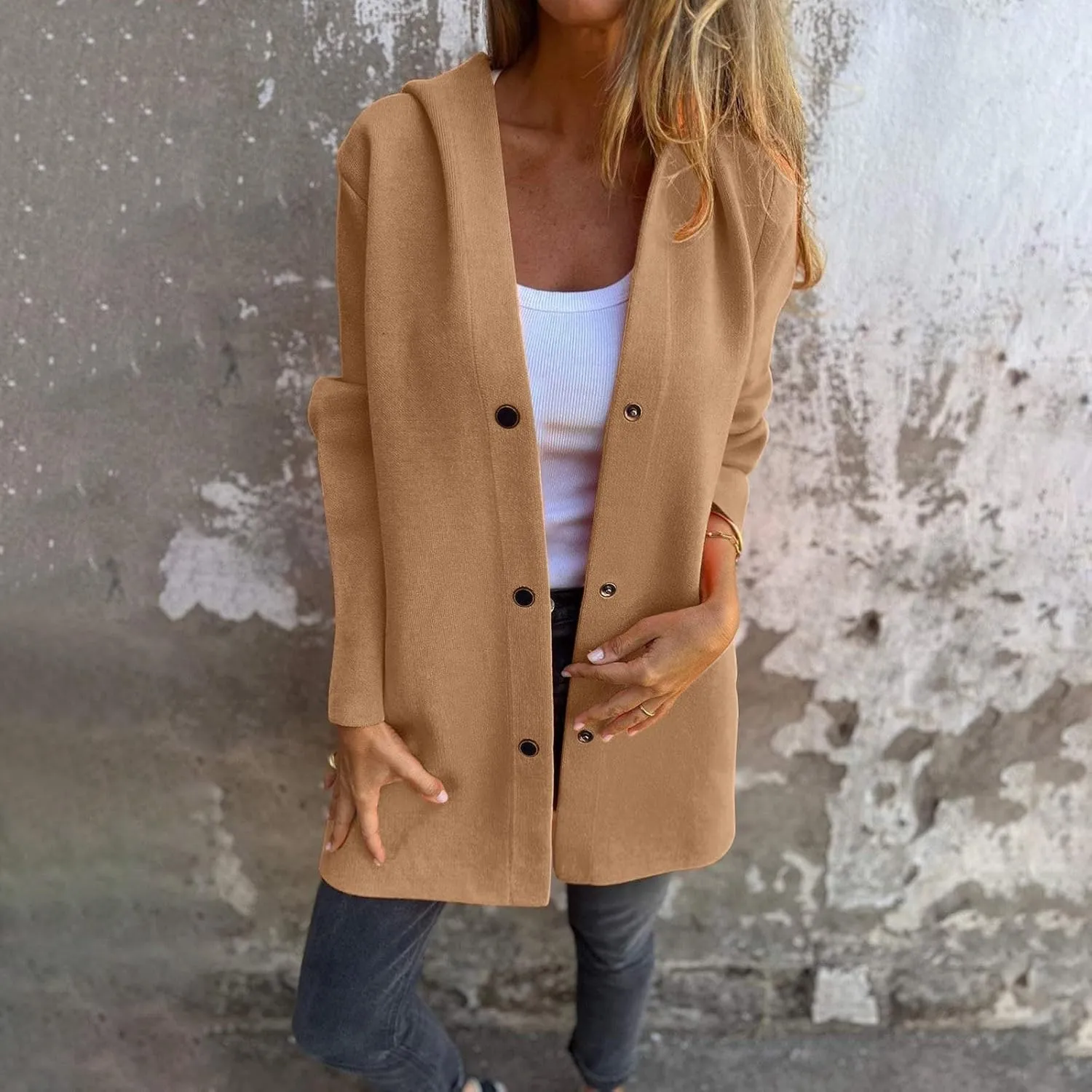 uhnmki Womens Jackets Casual Single Breasted Hooded Jacket Lapel Neck Long Sleeve Solid Color Trench Coat for Women 2024