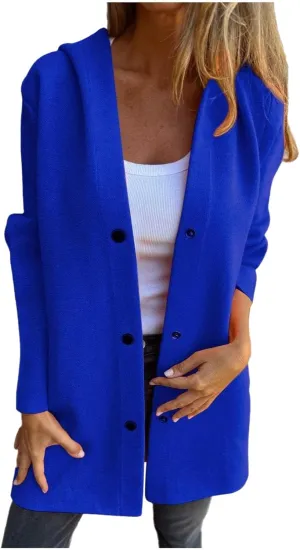 uhnmki Womens Jackets Casual Single Breasted Hooded Jacket Lapel Neck Long Sleeve Solid Color Trench Coat for Women 2024