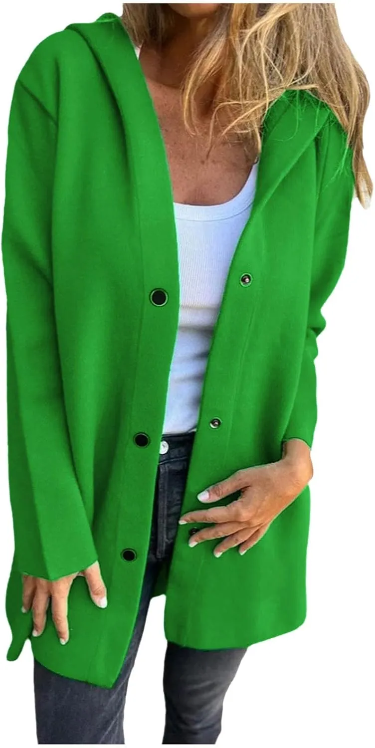 uhnmki Womens Jackets Casual Single Breasted Hooded Jacket Lapel Neck Long Sleeve Solid Color Trench Coat for Women 2024