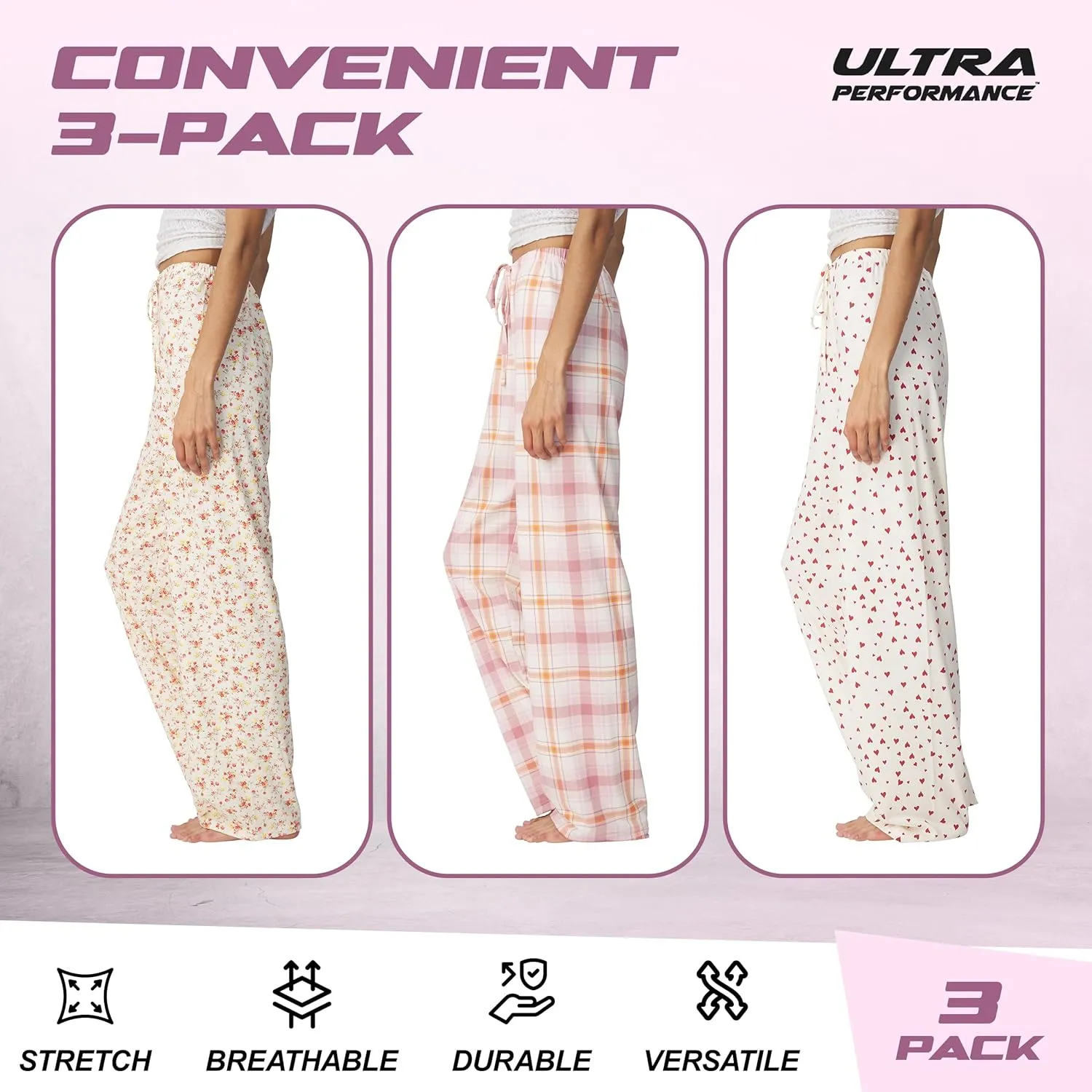 Ultra Performance Womens Pajama PJ Pants 3 Pack Lounge Bottoms Pajamas for Women (Avail in Plus Sizes)