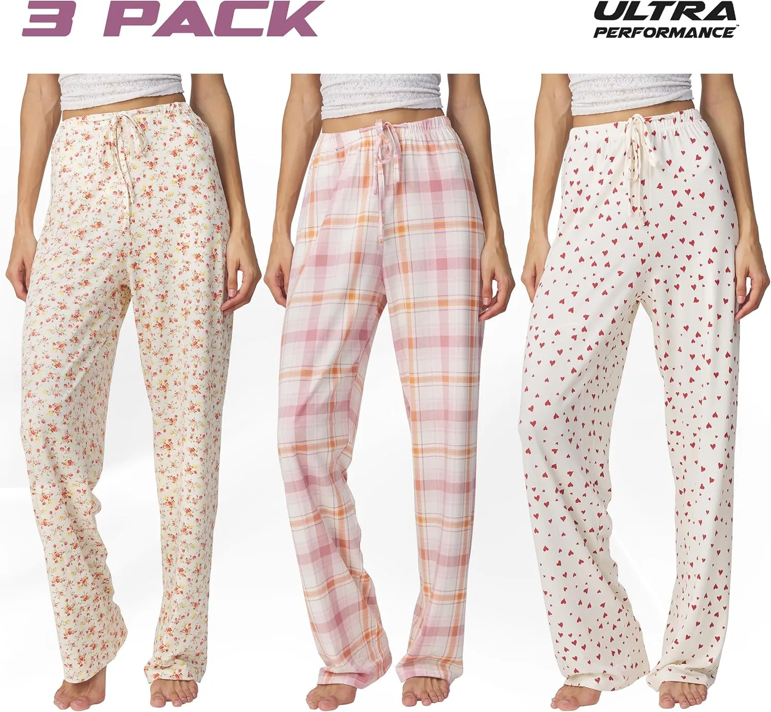 Ultra Performance Womens Pajama PJ Pants 3 Pack Lounge Bottoms Pajamas for Women (Avail in Plus Sizes)