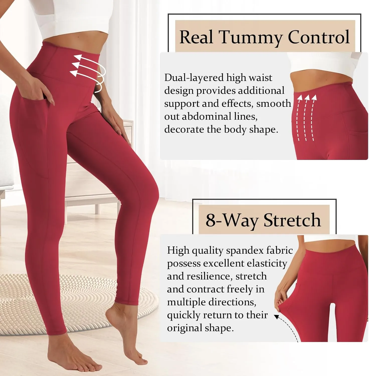 UNACOO Yoga Pants for Women High Waisted Tummy Control Yoga Pants with Pockets Elasticity Yoga Legging