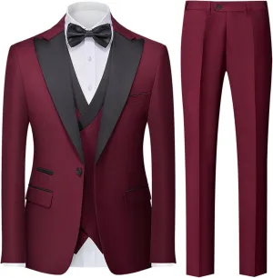 UNINUKOO Men's 3 Piece Suit Formal Dinner Classic Wedding Prom Regular Fit Peak Lapel Tuxedo for Men