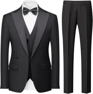UNINUKOO Men's 3 Piece Suit Formal Dinner Classic Wedding Prom Regular Fit Peak Lapel Tuxedo for Men