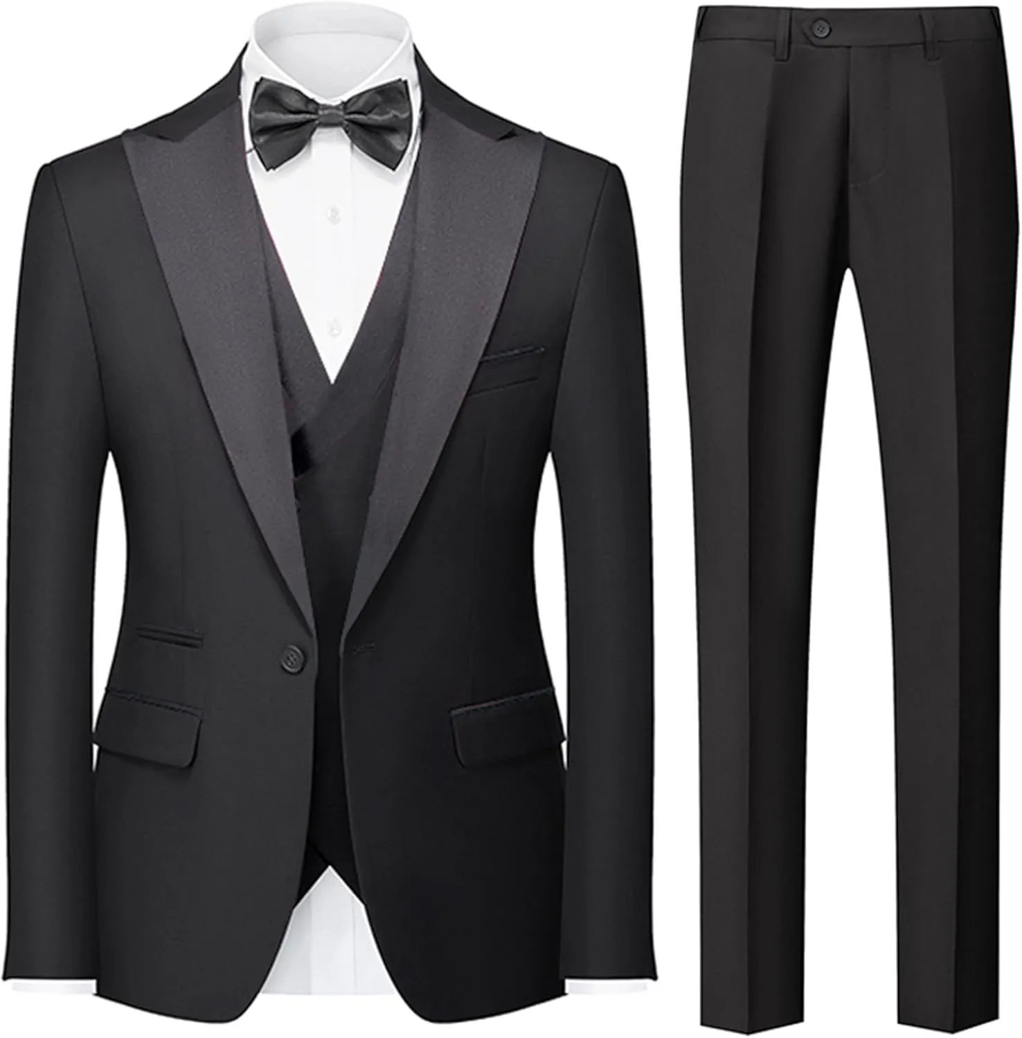 UNINUKOO Men's 3 Piece Suit Formal Dinner Classic Wedding Prom Regular Fit Peak Lapel Tuxedo for Men