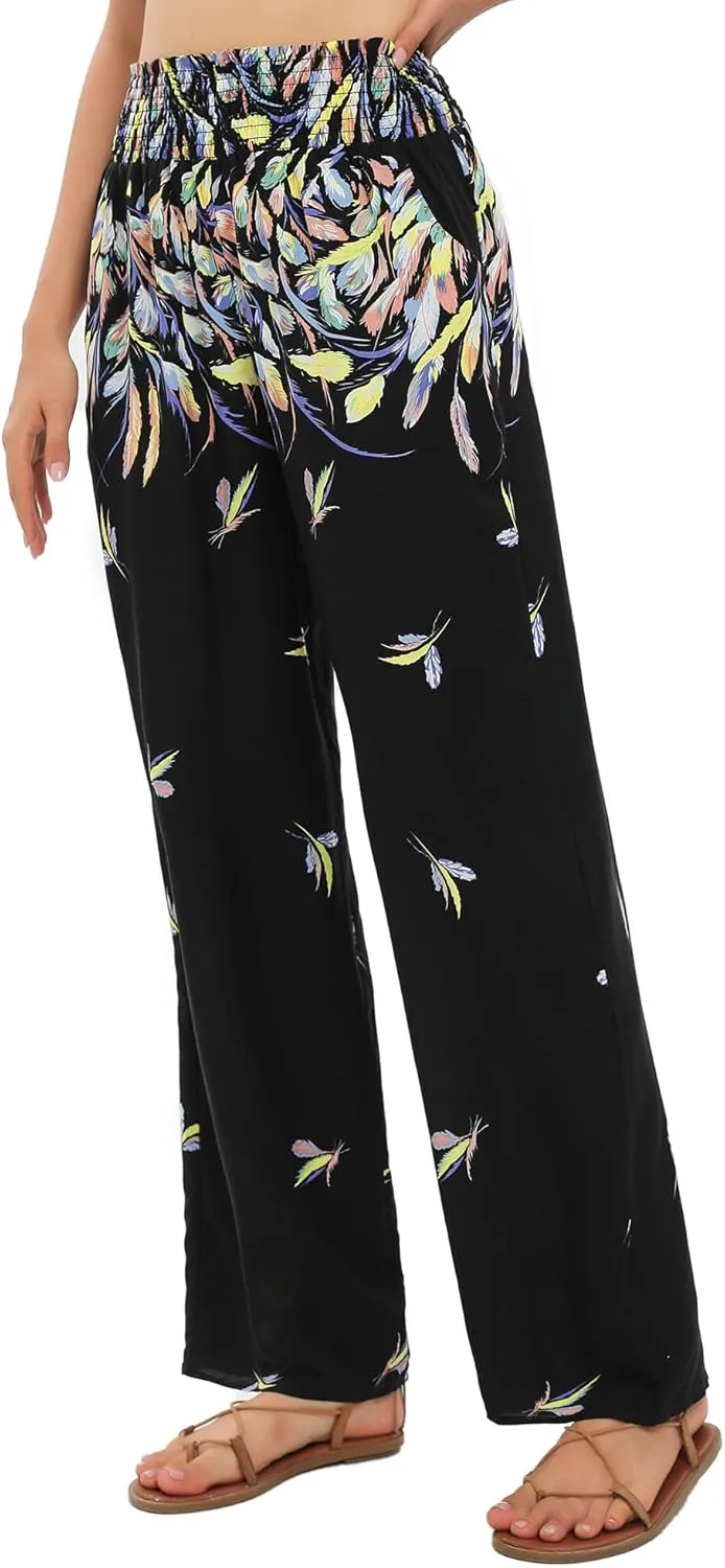 Urban CoCo Women's Elastic High Waist Boho Floral Print Pants Palazzo Wide Leg Lounge Pants