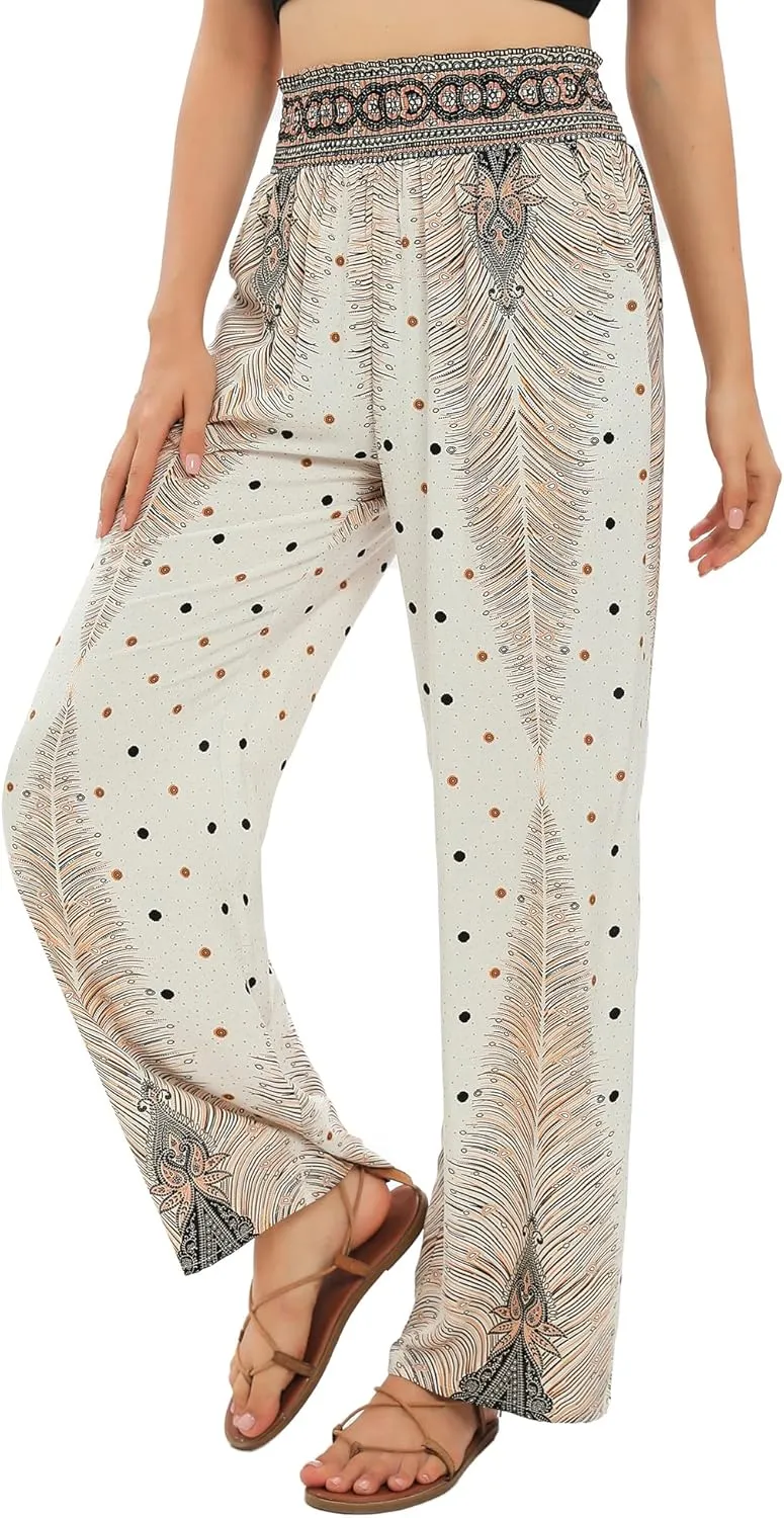 Urban CoCo Women's Elastic High Waist Boho Floral Print Pants Palazzo Wide Leg Lounge Pants