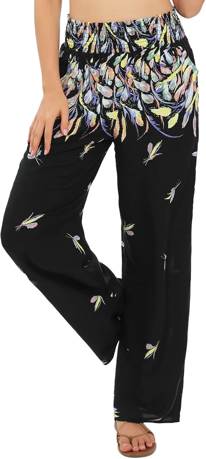 Urban CoCo Women's Elastic High Waist Boho Floral Print Pants Palazzo Wide Leg Lounge Pants