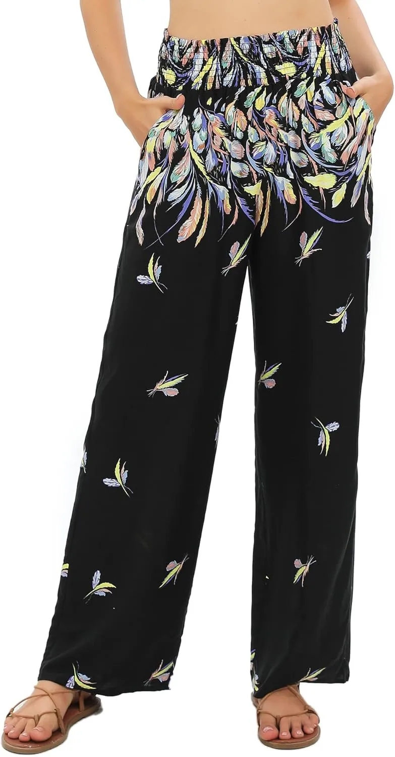 Urban CoCo Women's Elastic High Waist Boho Floral Print Pants Palazzo Wide Leg Lounge Pants