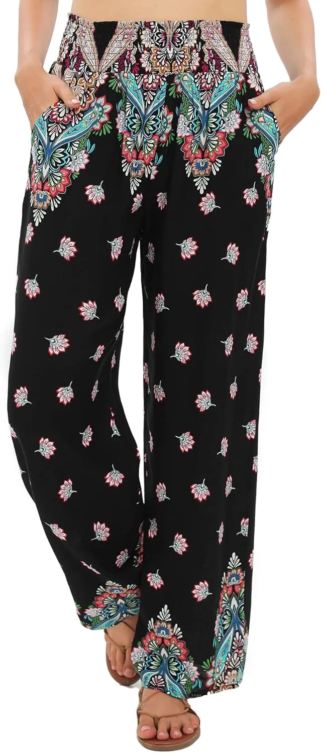 Urban CoCo Women's Elastic High Waist Boho Floral Print Pants Palazzo Wide Leg Lounge Pants