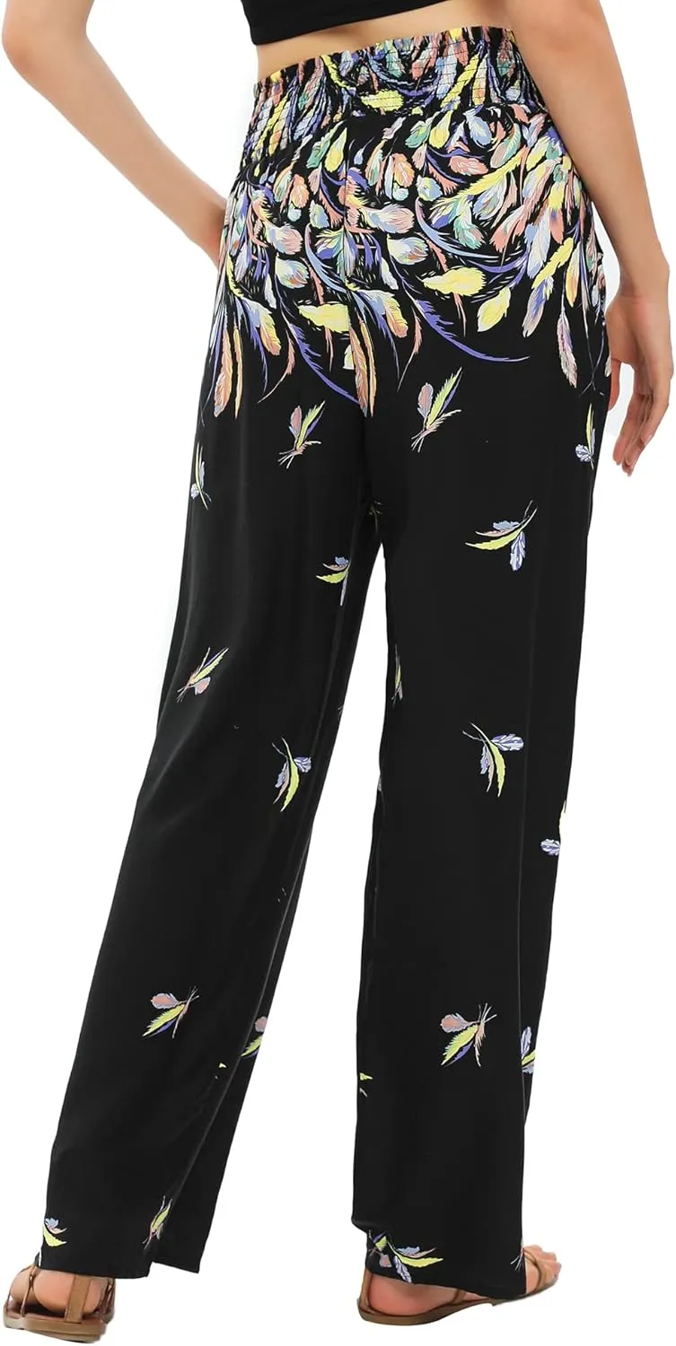 Urban CoCo Women's Elastic High Waist Boho Floral Print Pants Palazzo Wide Leg Lounge Pants