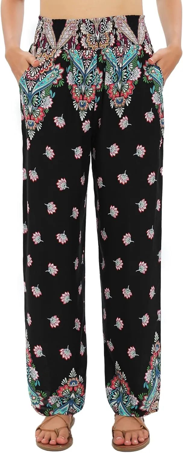 Urban CoCo Women's Elastic High Waist Boho Floral Print Pants Palazzo Wide Leg Lounge Pants
