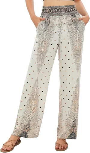 Urban CoCo Women's Elastic High Waist Boho Floral Print Pants Palazzo Wide Leg Lounge Pants