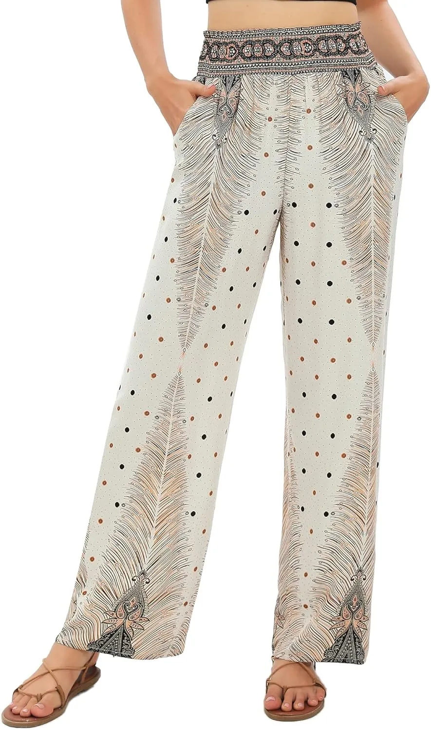 Urban CoCo Women's Elastic High Waist Boho Floral Print Pants Palazzo Wide Leg Lounge Pants
