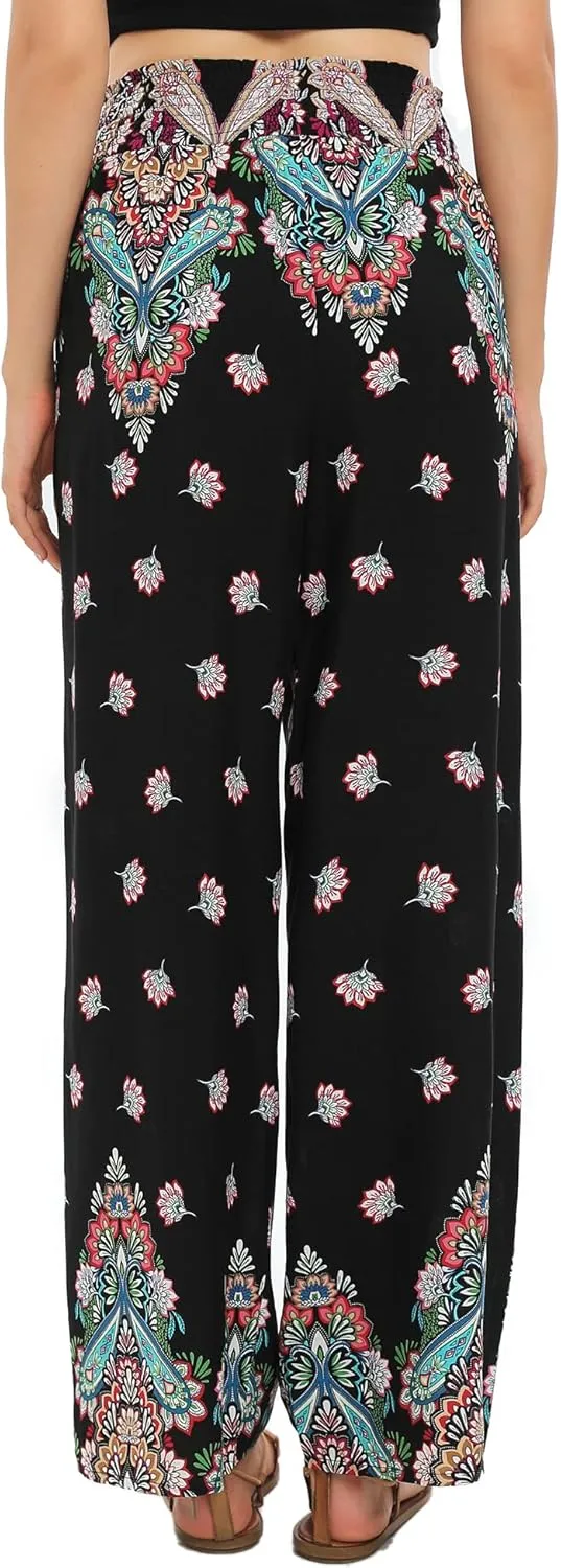 Urban CoCo Women's Elastic High Waist Boho Floral Print Pants Palazzo Wide Leg Lounge Pants