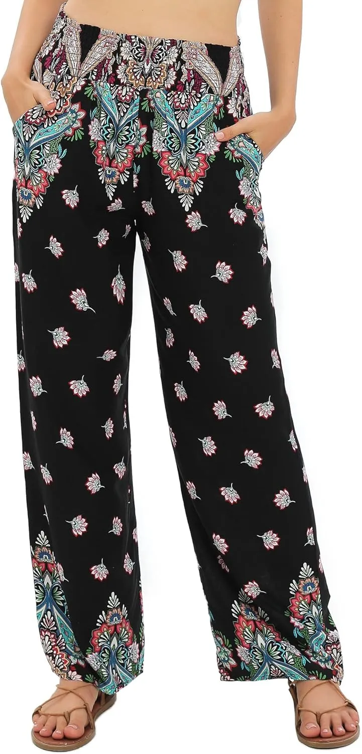Urban CoCo Women's Elastic High Waist Boho Floral Print Pants Palazzo Wide Leg Lounge Pants