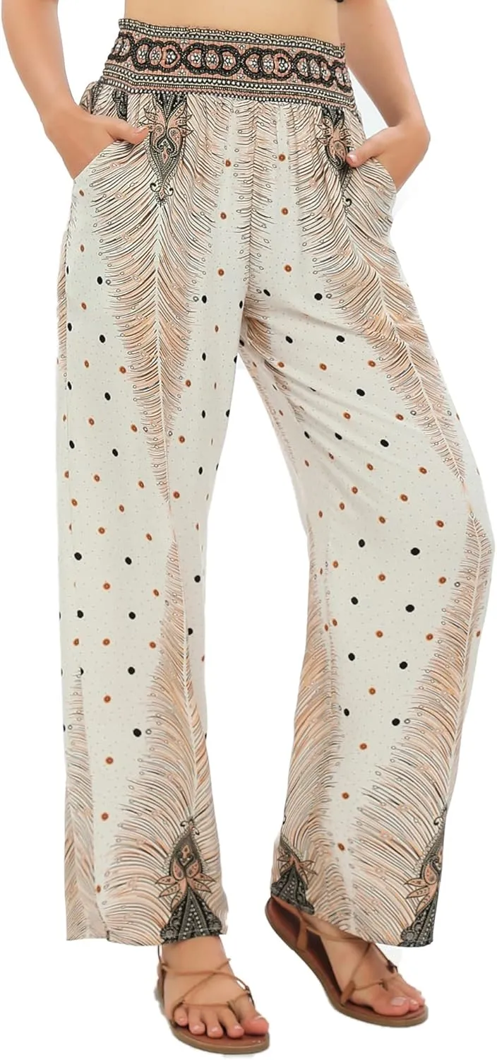 Urban CoCo Women's Elastic High Waist Boho Floral Print Pants Palazzo Wide Leg Lounge Pants
