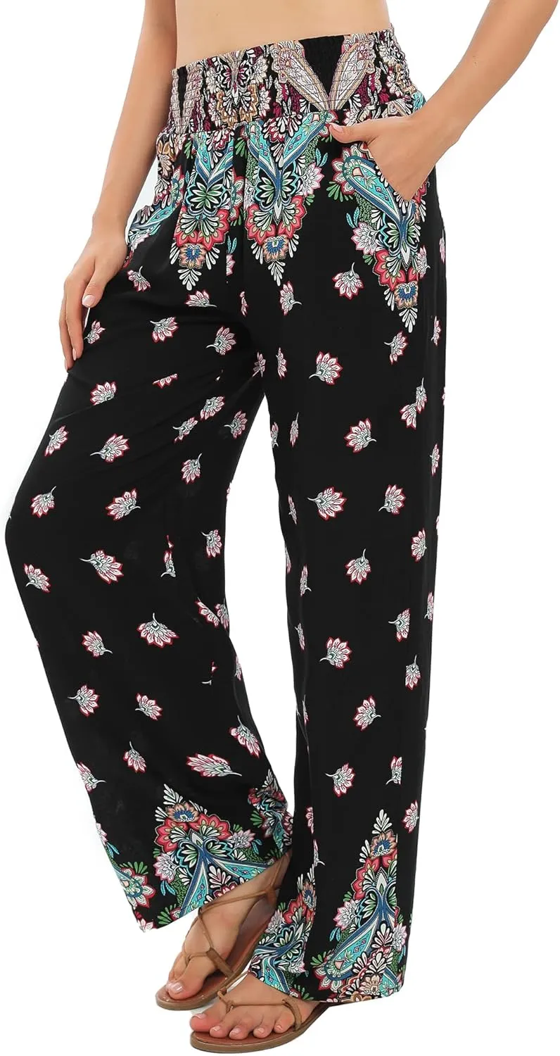 Urban CoCo Women's Elastic High Waist Boho Floral Print Pants Palazzo Wide Leg Lounge Pants