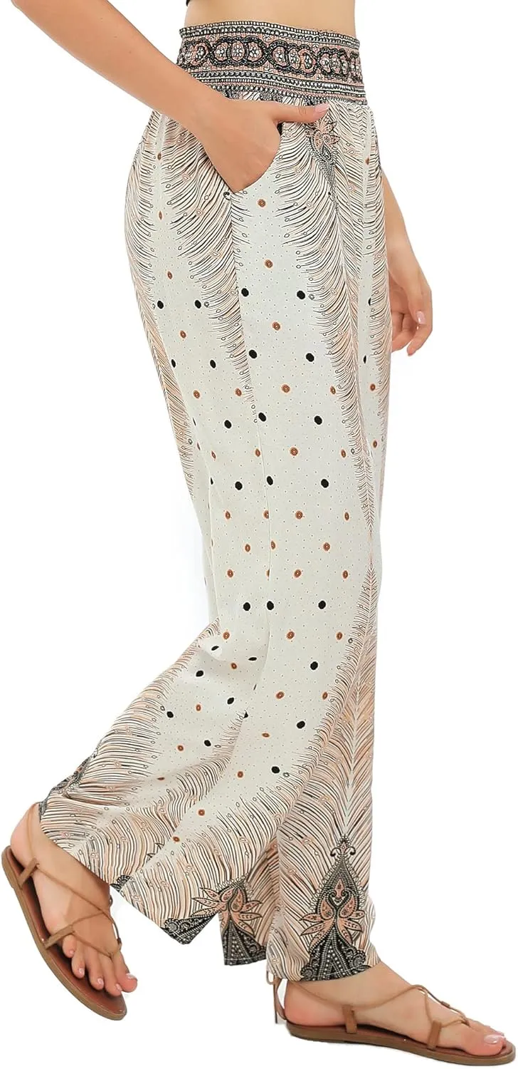 Urban CoCo Women's Elastic High Waist Boho Floral Print Pants Palazzo Wide Leg Lounge Pants