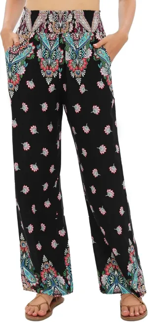 Urban CoCo Women's Elastic High Waist Boho Floral Print Pants Palazzo Wide Leg Lounge Pants