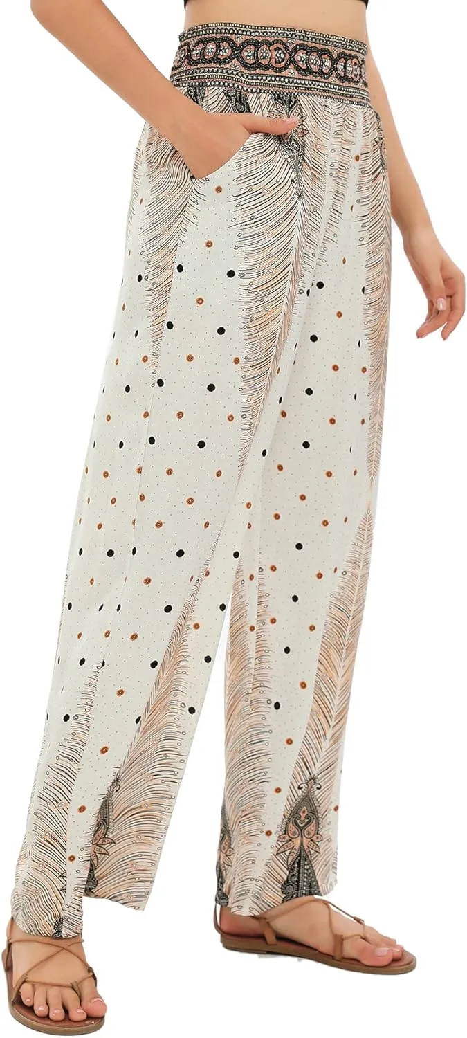 Urban CoCo Women's Elastic High Waist Boho Floral Print Pants Palazzo Wide Leg Lounge Pants