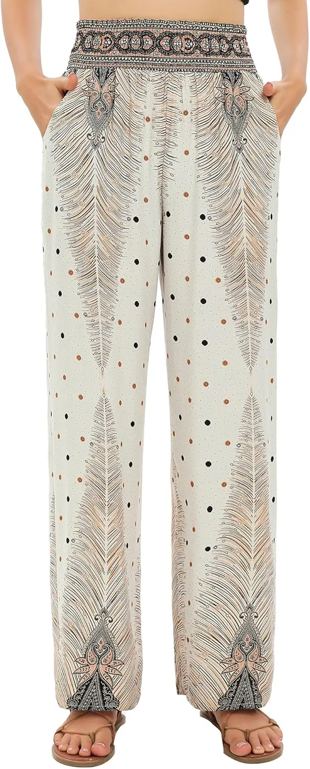 Urban CoCo Women's Elastic High Waist Boho Floral Print Pants Palazzo Wide Leg Lounge Pants