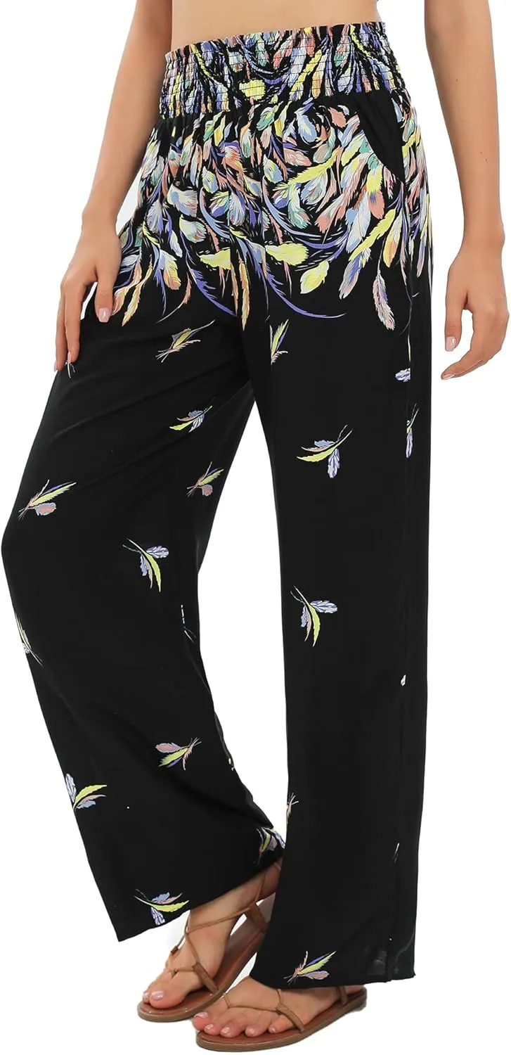 Urban CoCo Women's Elastic High Waist Boho Floral Print Pants Palazzo Wide Leg Lounge Pants