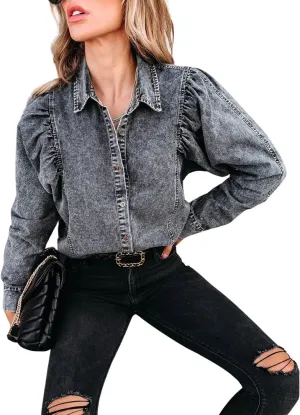 utcoco Womens Y2K Jean Jacket Lapel Long Puff Sleeve Retro Denim Jackets Distressed Shacket