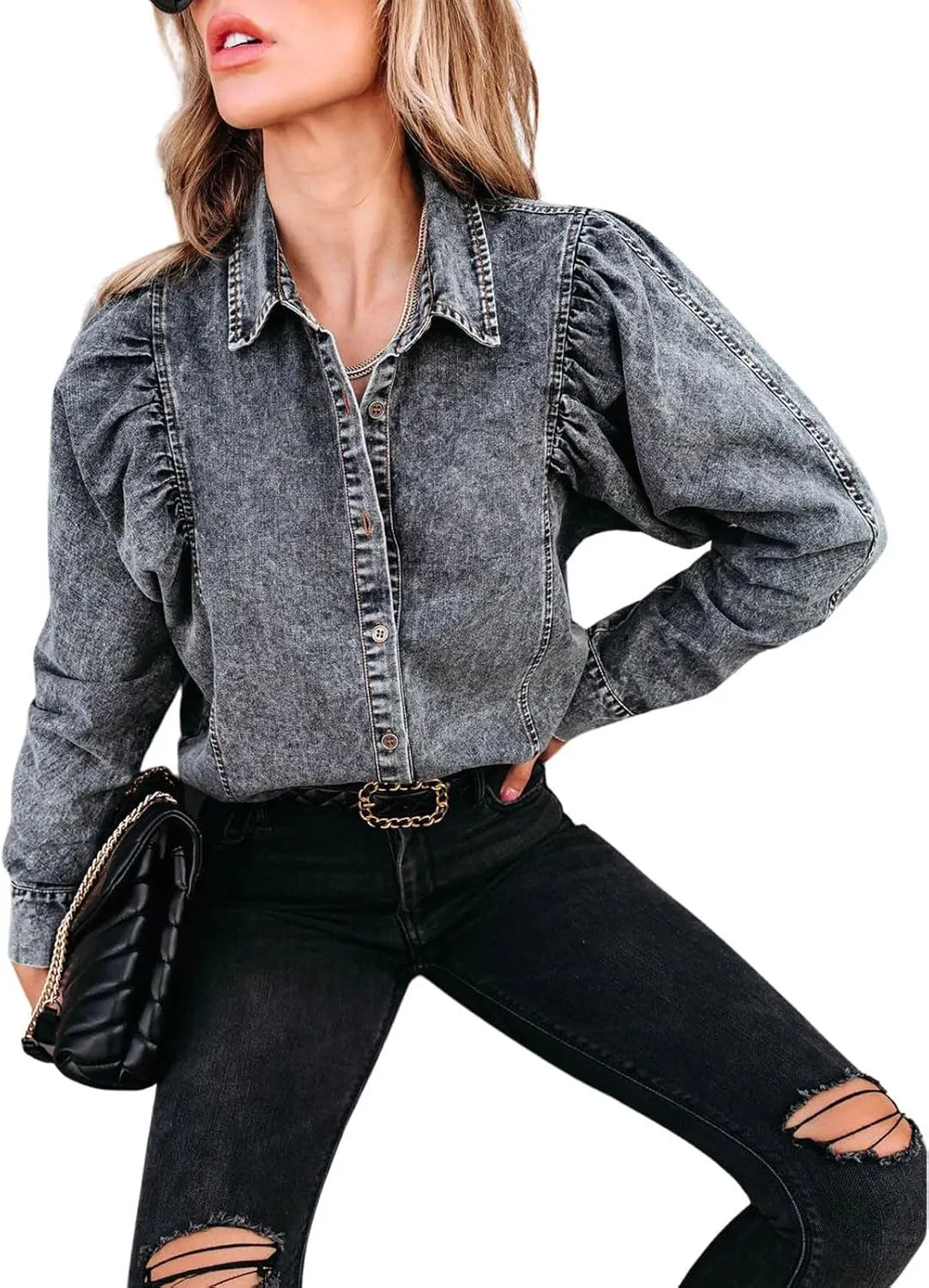 utcoco Womens Y2K Jean Jacket Lapel Long Puff Sleeve Retro Denim Jackets Distressed Shacket