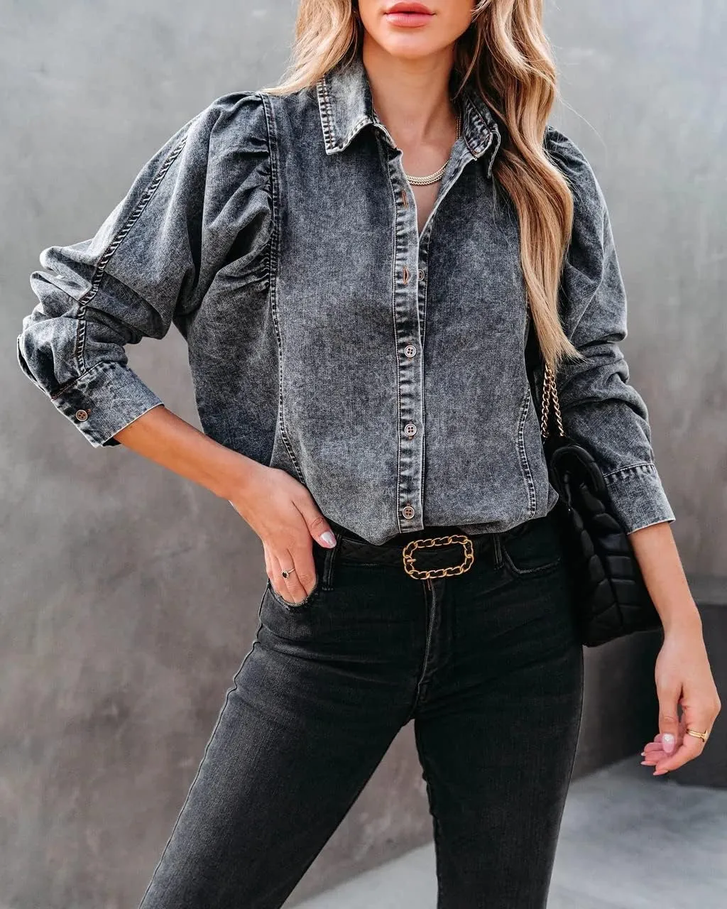 utcoco Womens Y2K Jean Jacket Lapel Long Puff Sleeve Retro Denim Jackets Distressed Shacket