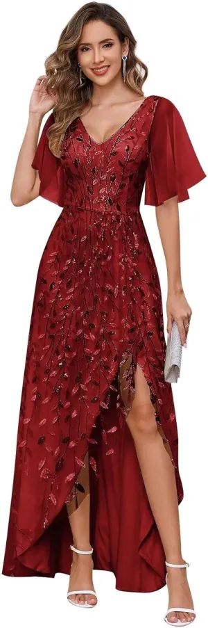 V Neck Sequin Mother of The Bride Dresses for Women Long Tulle Mermaid Formal Evening Dress with Sleeves