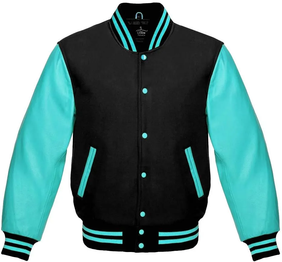 Varsity Jacket Baseball Letterman Bomber School Premium Wool Tiffany Genuine leather sleeves