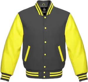 Varsity Jacket Baseball Letterman Bomber School Premium Wool Yellow Genuine leather sleeves