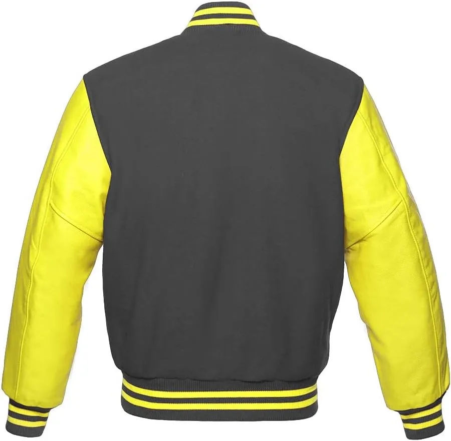 Varsity Jacket Baseball Letterman Bomber School Premium Wool Yellow Genuine leather sleeves